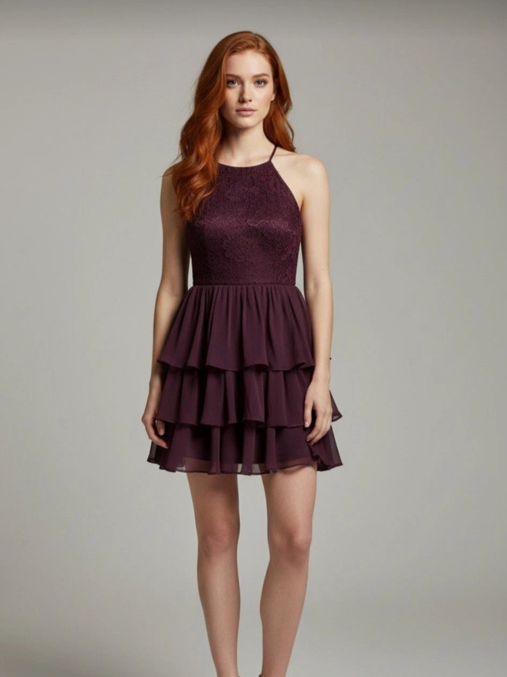 Windsor Size 9  Plum Tiered Halter Dress Sparkly Bodice Handkerchief Hem Mini